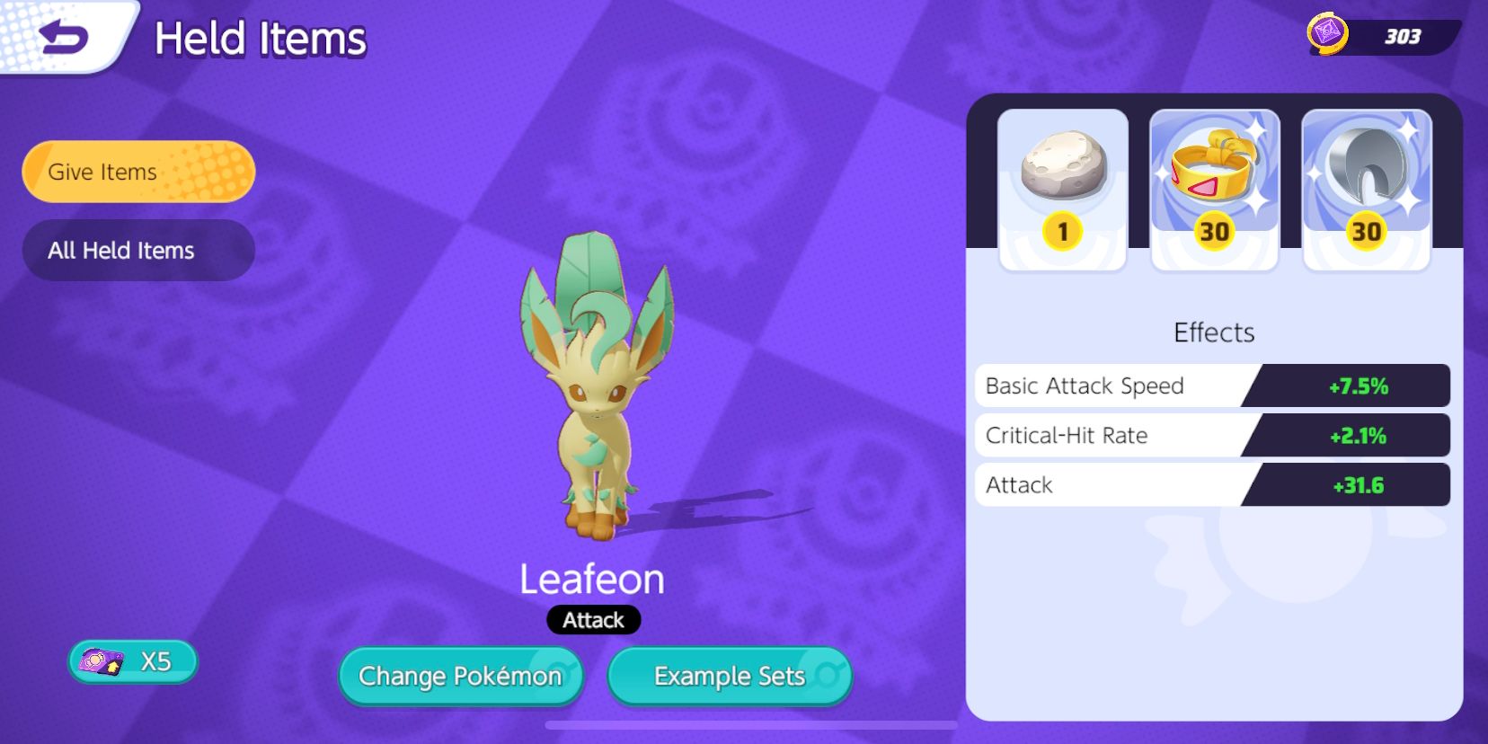 Tela de seleção de itens retidos de Leafeon com Float Stone, Muscle Band e Razor Claw escolhidos