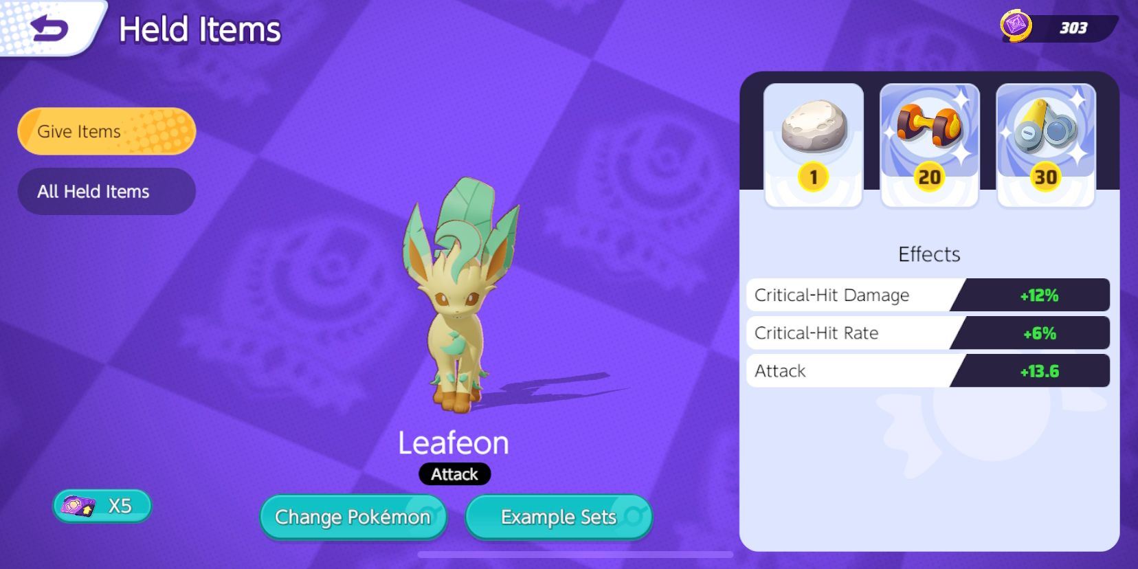 Tela de seleção de item segurado de Leafeon com Float Stone, Attack Weight e Scope Lens escolhidos