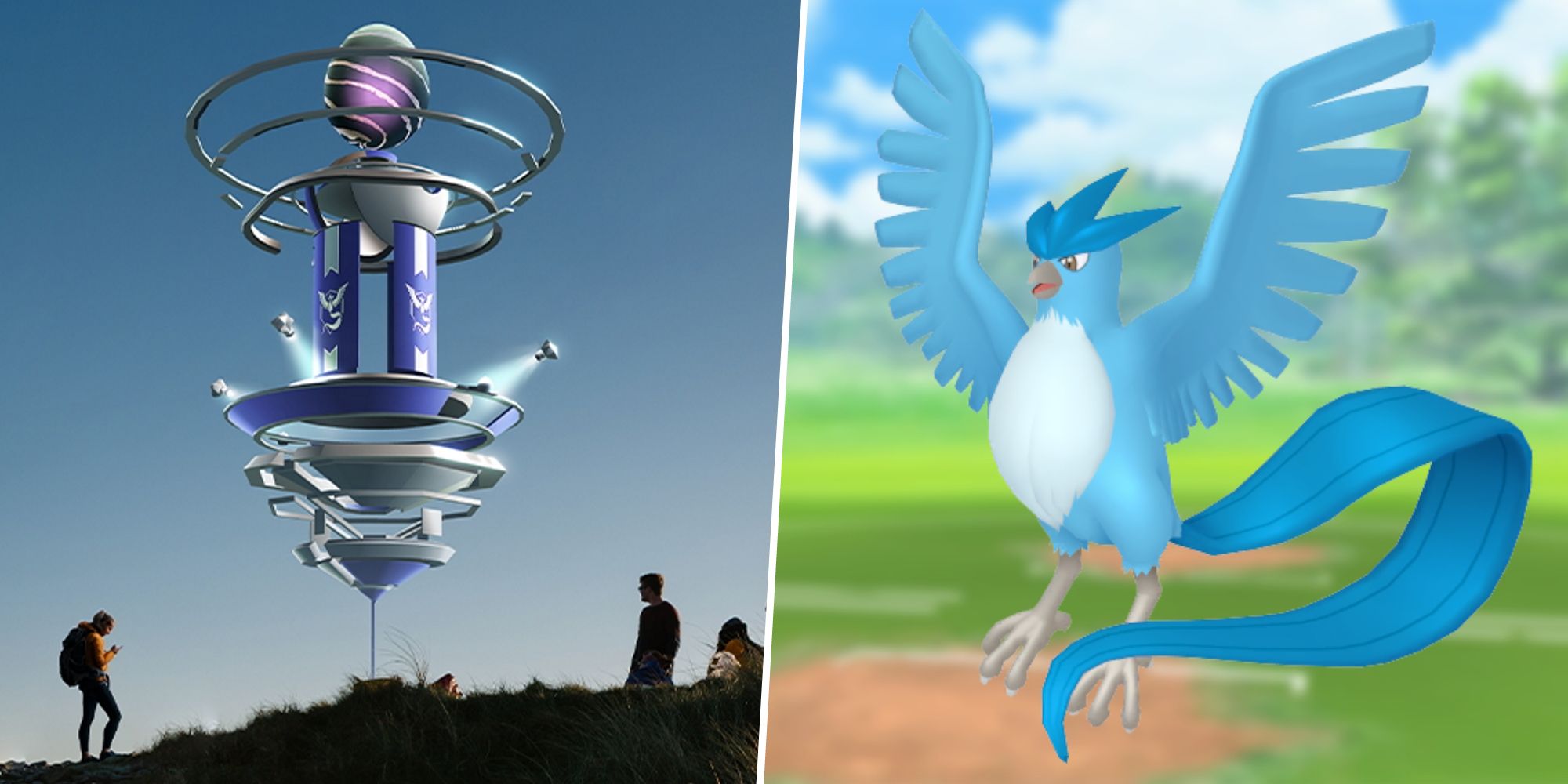 Image of people around a Pokemon Go Raid split with an image of Articuno