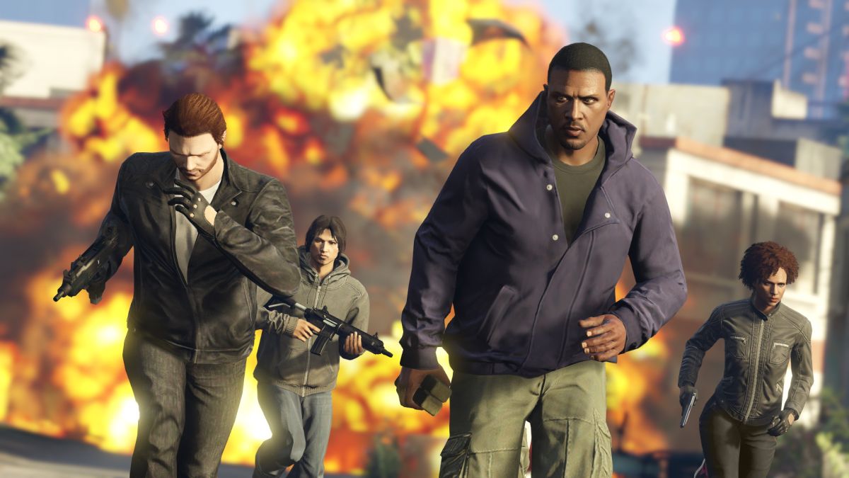 Players walking away from an explosion