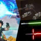 Fortnite split image Kamehameha, Deku Smash, lightsaber and ODM gear