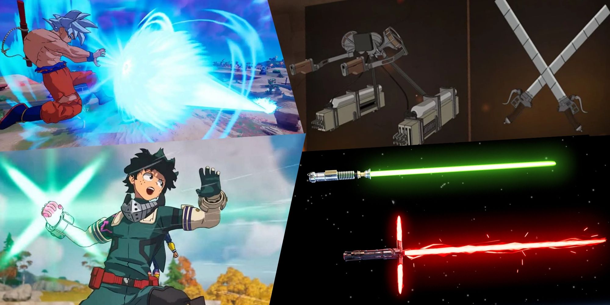 Fortnite split image Kamehameha, Deku Smash, lightsaber and ODM gear