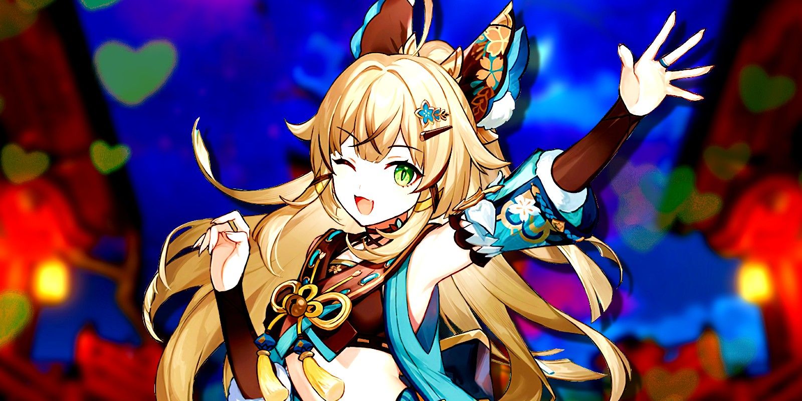 Kirara do Genshin Impact posa no meio com corações verdes atrás dela.