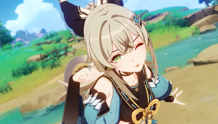 Kirara pisca para a câmera, mostrando a língua e curvando a mão direita como a pata de um gato.  Ela fica perto de um riacho em Inazuma.