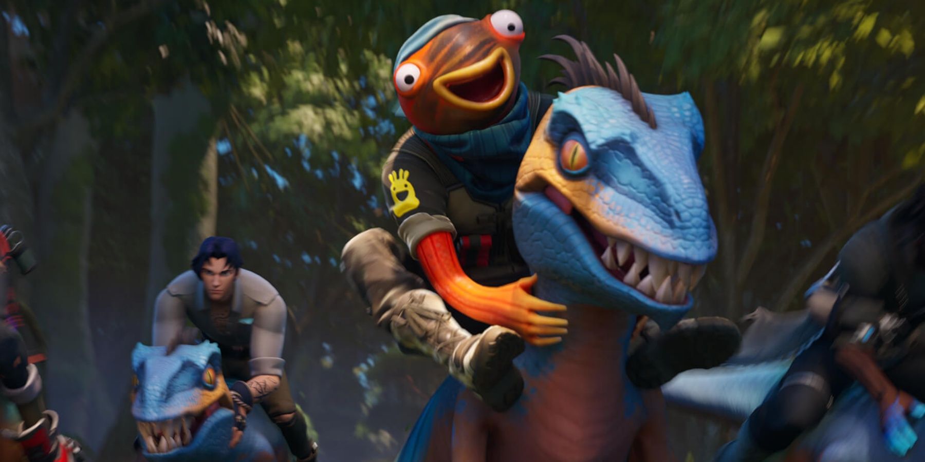 fish stick riding a raptor in the jungle