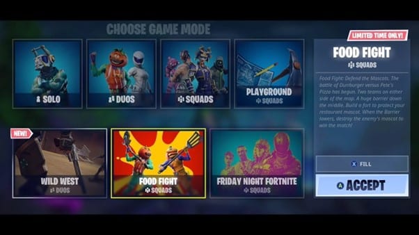 Captura de tela dos modos de jogo do Fortnite