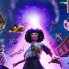 Fortnite character in front of multiple gameplay elements