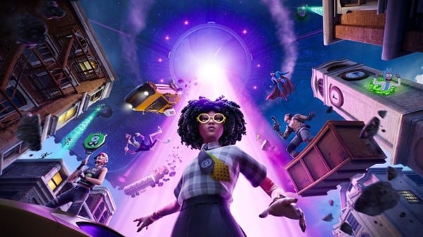 Fortnite character in front of multiple gameplay elements