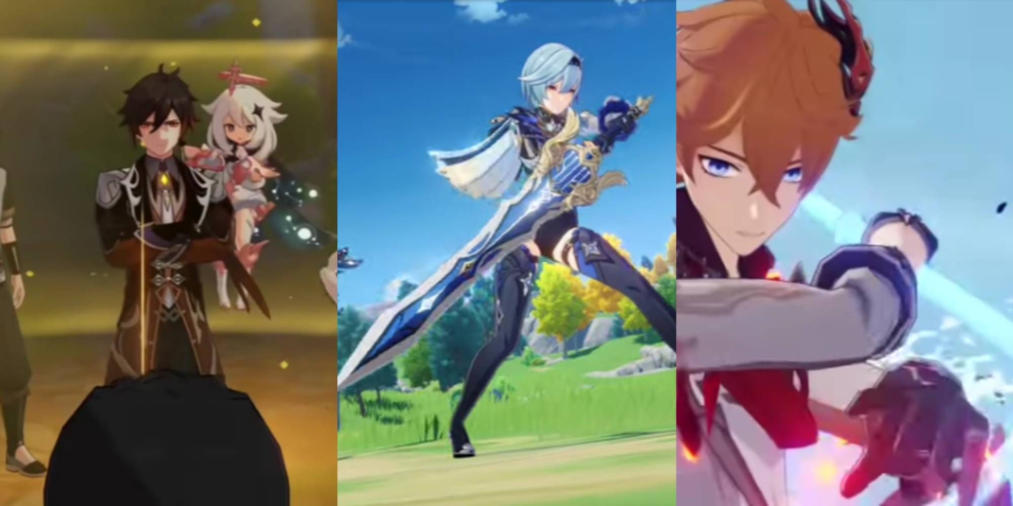 Split images of Zhongli, Eula, and Childe in Genshin Impact.