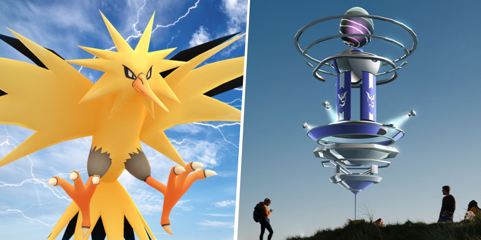Image of Zapdos split with an image of people around a Pokemon Go Raid