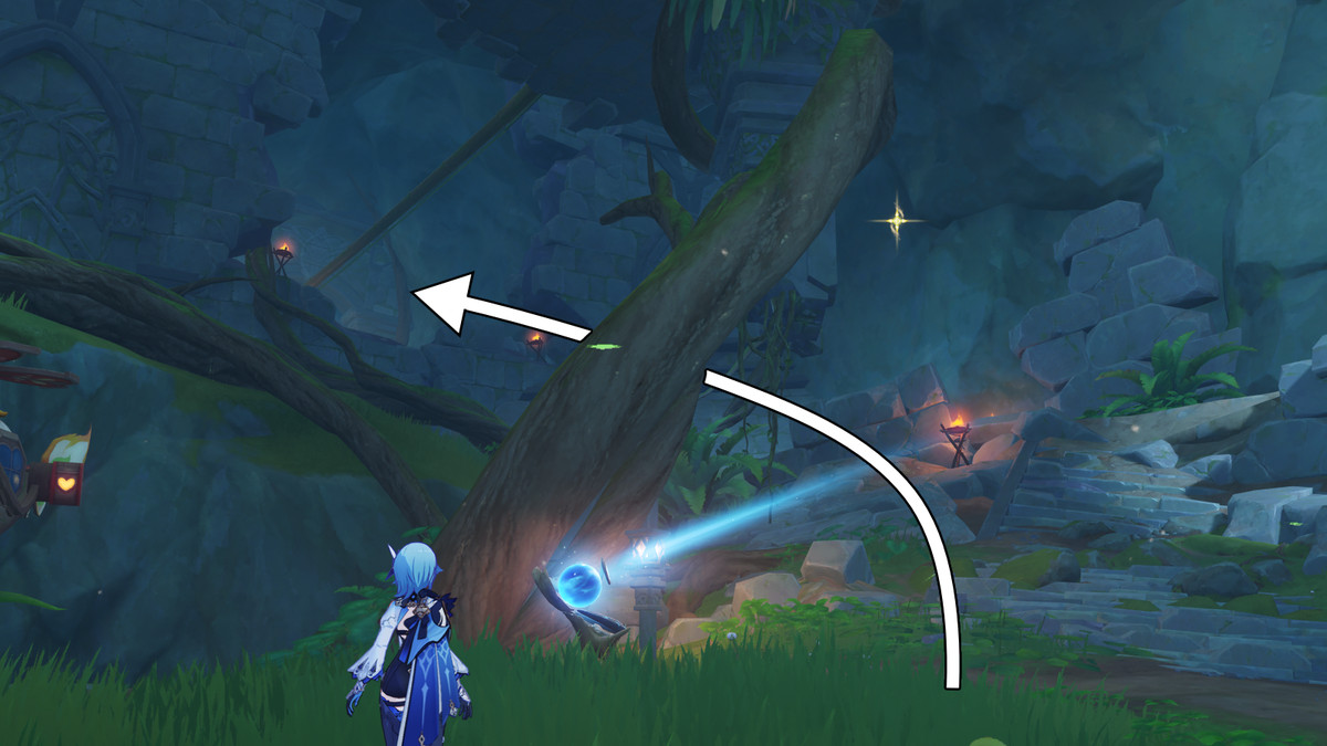 Buraco na parede ao lado do mural, levando a outro Hydro eidolon durante a missão Capturing Light and Shadow World no evento Secret Summer Paradise do Genshin Impact.