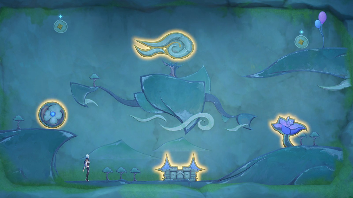 Quatro fragmentos de murais brilhantes durante a missão mundial Capturing Light and Shadow no evento Secret Summer Paradise do Genshin Impact.