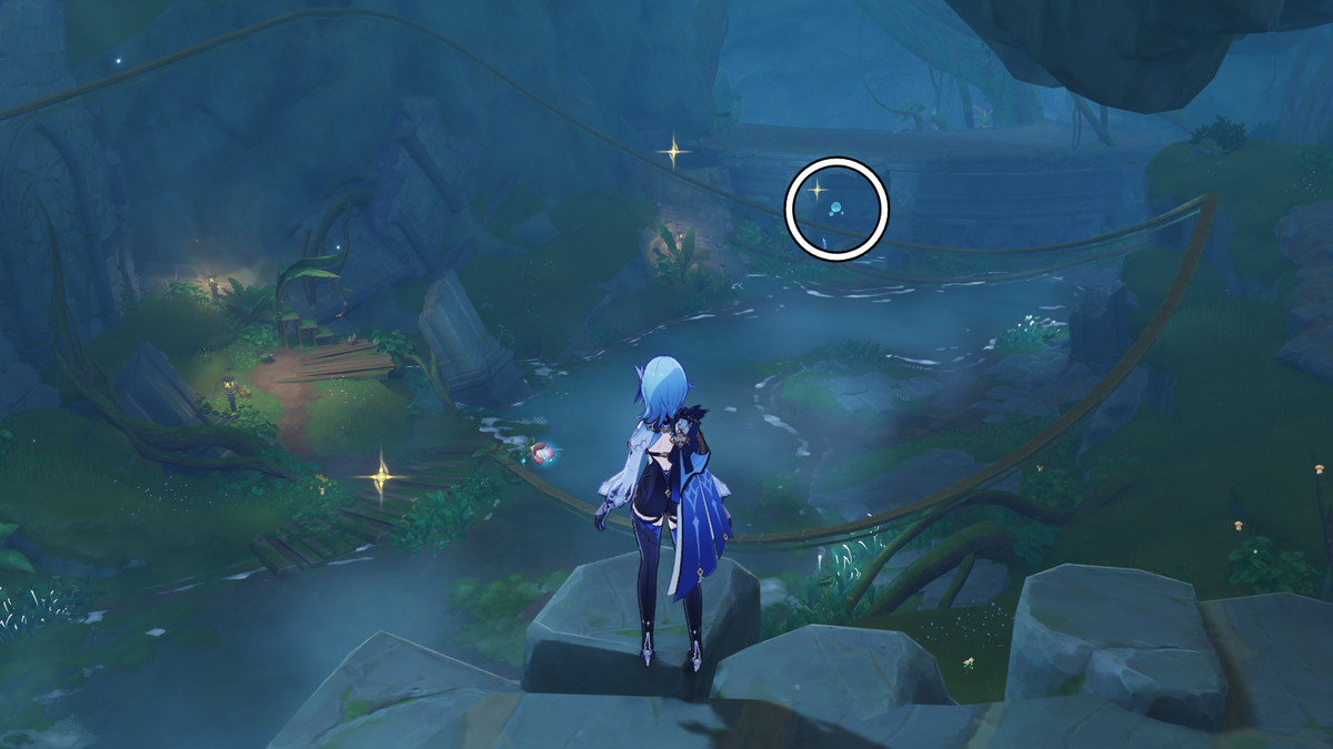 Localização do Hydro eidolon durante a missão mundial Capturing Light and Shadow no evento Secret Summer Paradise do Genshin Impact.