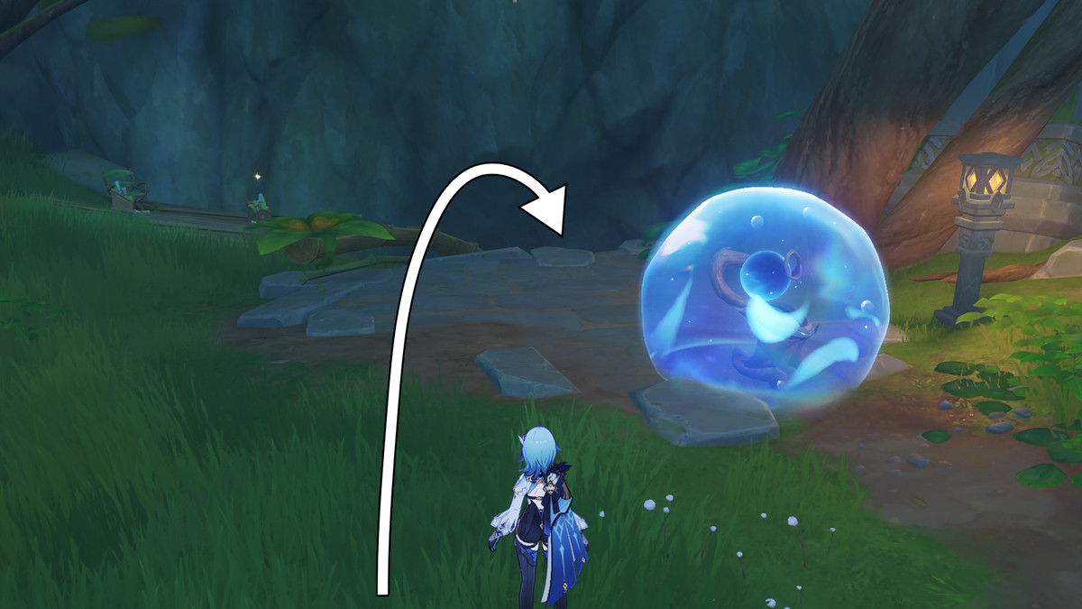 Entrada para uma caverna durante a missão mundial Capturing Light and Shadow no evento Secret Summer Paradise do Genshin Impact.