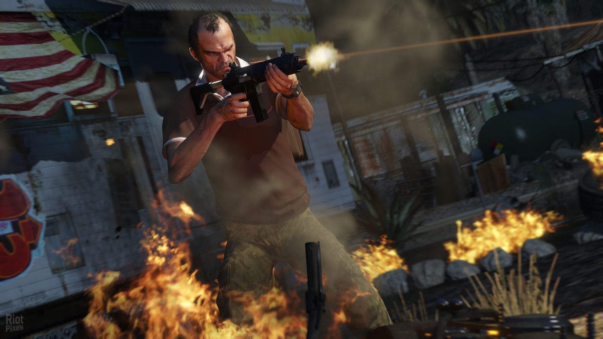 trevor from gta v shooting a machine gun