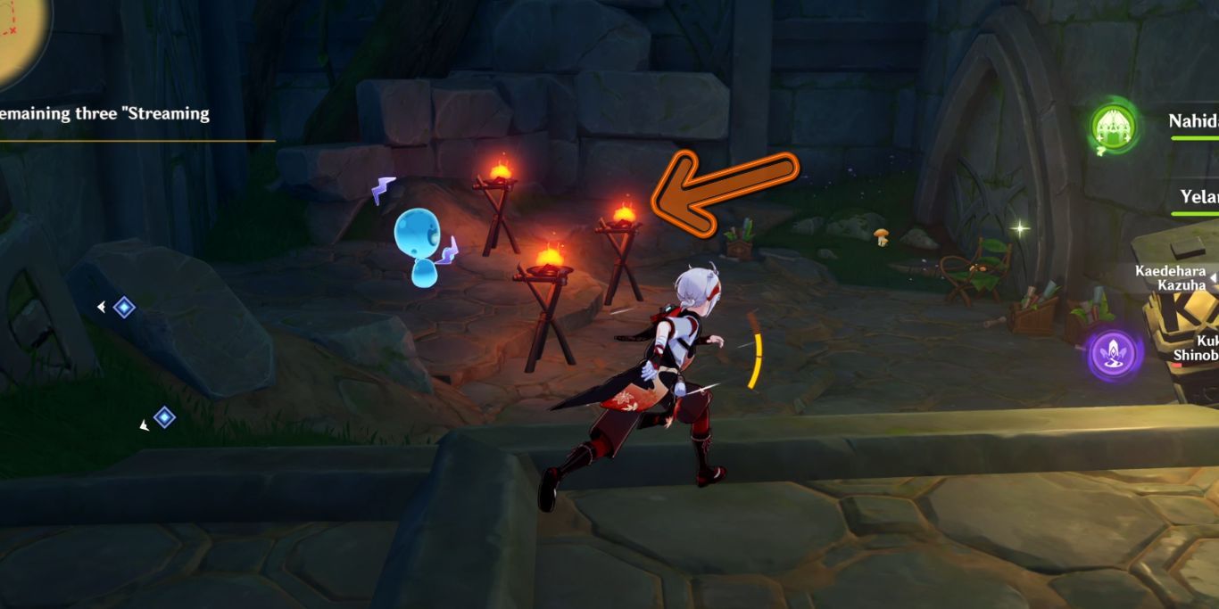 Genshin Impact Hydro Eidolon cercado por tochas