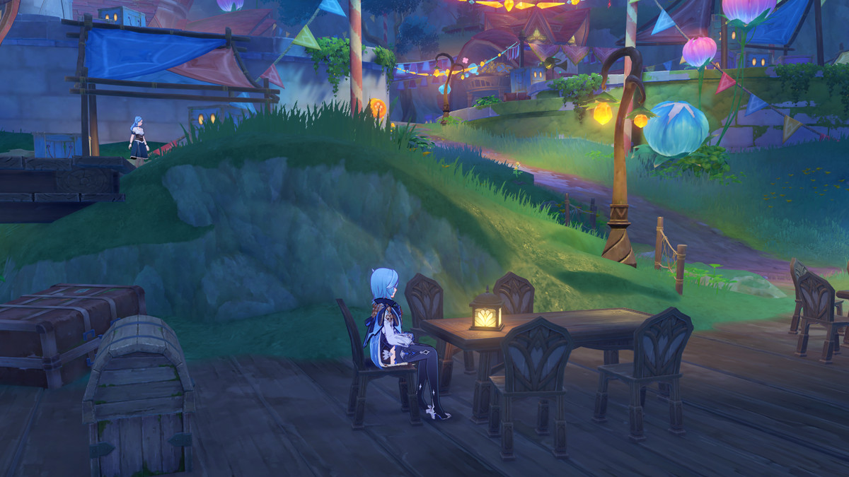 Eula sentada na cabeceira da mesa com uma lâmpada acesa como parte da missão mundial Returning Curios para receber o primeiro tesouro escondido no evento Secret Summer Paradise do Genshin Impact.