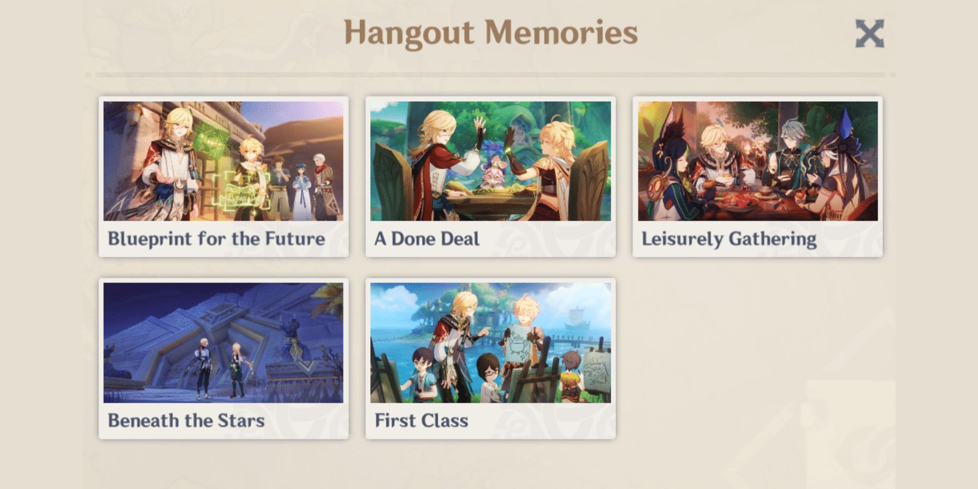 Memórias do Hangout escritas na parte superior com uma imagem e um título para cada um dos cinco finais.