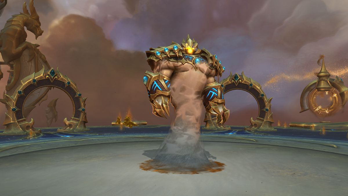 Um chefe elementar feito de caixas de areia e bronze na próxima mega-masmorra Infinite Dragonflight em World of Warcraft