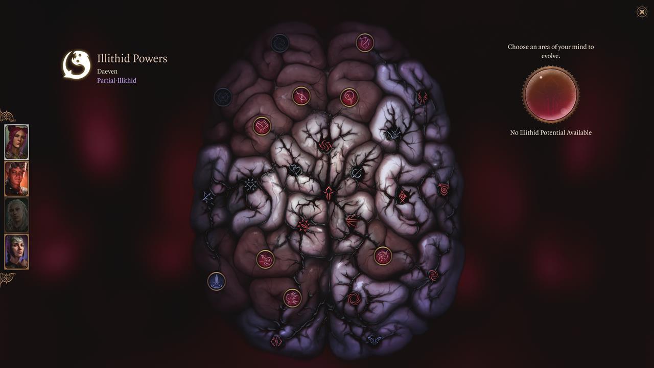O cérebro do personagem principal, mostrando alguns dos poderes Illithid desbloqueados.
