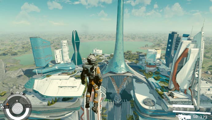 Mod de gravidade Starfield sobrevoando Nova Atlântida