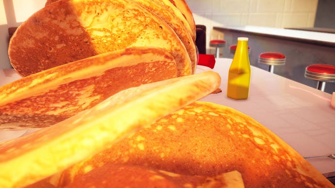 Uma captura de tela do jogo de comida Nour, mostrando as maiores panquecas que o mundo já viu, empilhadas e caindo em direção à câmera. Aconchegue-se!