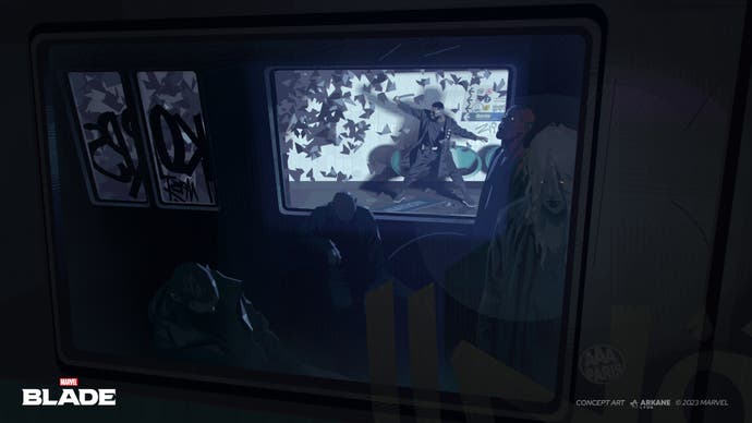 Arte conceitual de Blade da Marvel mostrando um trem cheio de vampiros enquanto Blade luta na plataforma