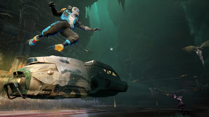 Captura de tela do personagem Wakerunners saltando no ar contra outros