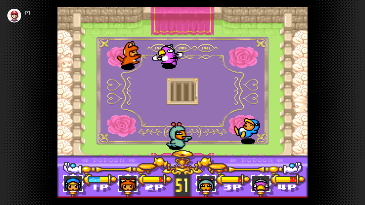 Criaturas lutando na arena rosa de Amazing Hebereke