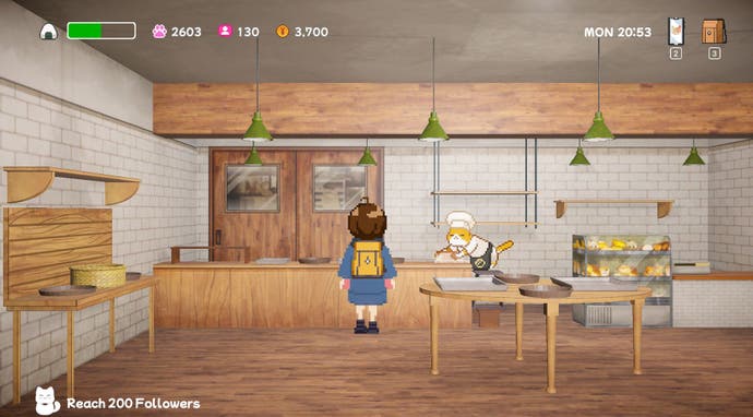 Uma estudante se aproxima de um gato vestido de padeiro em Neko Odyssey.