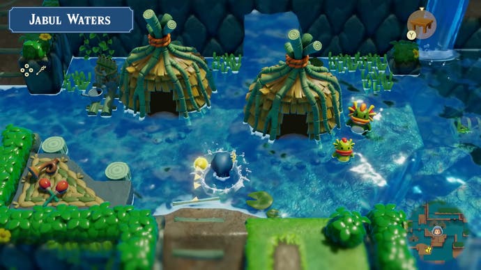 Captura de tela do trailer de The Legend of Zelda: Echoes of Wisdom mostrando a vila de Zora em Jabul Water com instrumentos musicais