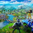 a screenshot from the video game Fortnite. three characters sit or stand on top of a mountain around a purple lowrider car while staring down at the land below