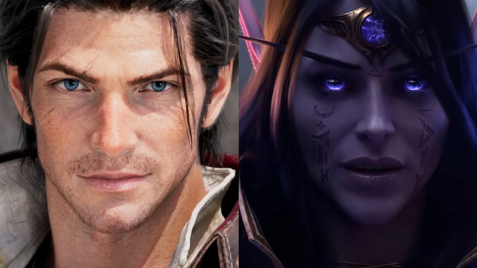 The Warrior of Light from Final Fantasy 14 and Xal'atath from World of Warcraft look towards the camera in an image split down the middle, representing their respective trailers.