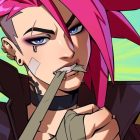 A pink-haired woman bandages her arm.