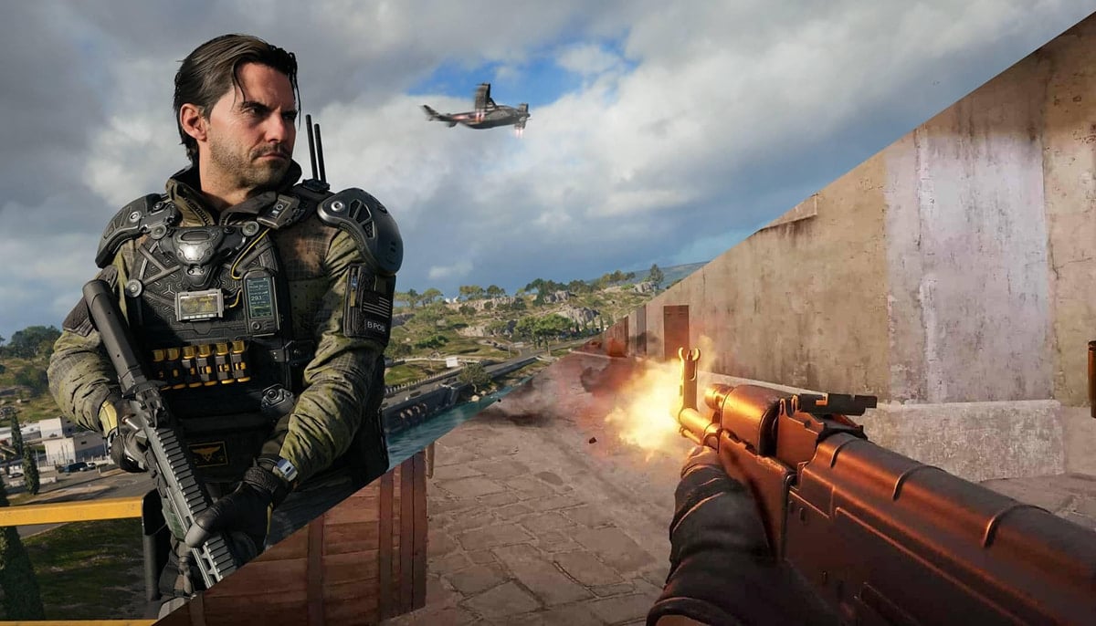 Split-screen image showing a Black Ops 7 soldier in tactical gear alongside first-person shooter gameplay