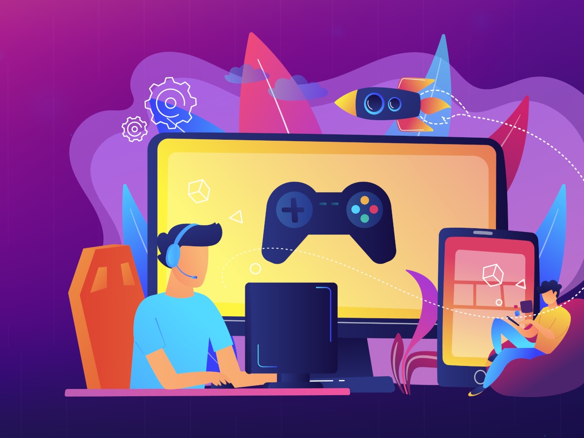 A cartoon man surrounded by colourful gaming iconography.