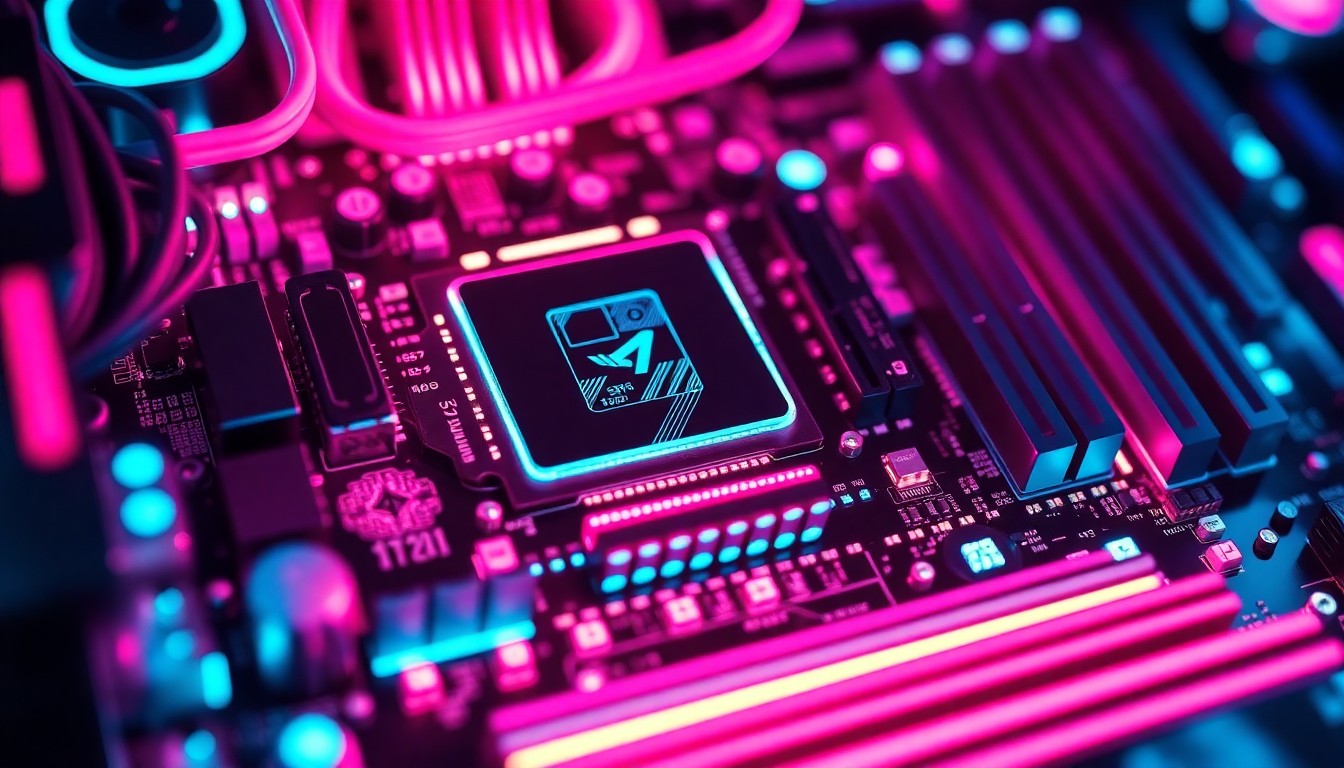 A highly detailed, 3D macro illustration of a glowing, neon-lit computer motherboard or circuit board, representing the complex digital infrastructure behind the gaming industry. The image features recognizable physical tech elements like processors, memory chips, and data cables, all illuminated by pulsing cyan and magenta lights, conceptually illustrating the technological complexities and uncertainties facing the gaming industry.