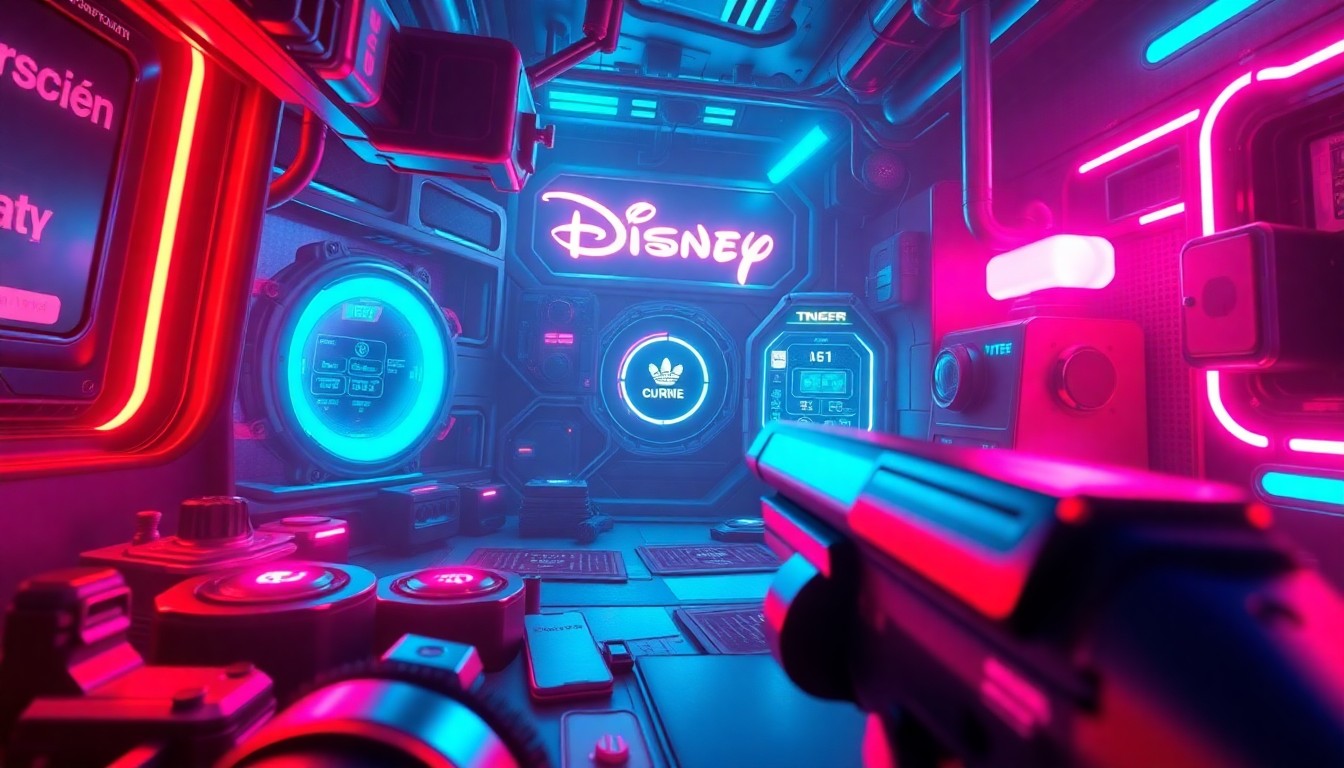 A visually striking 3D illustration depicting the user interface of a Disney-themed extraction shooter game, with glowing neon-lit tech elements and a sense of high-tech, cyberpunk-inspired aesthetics.