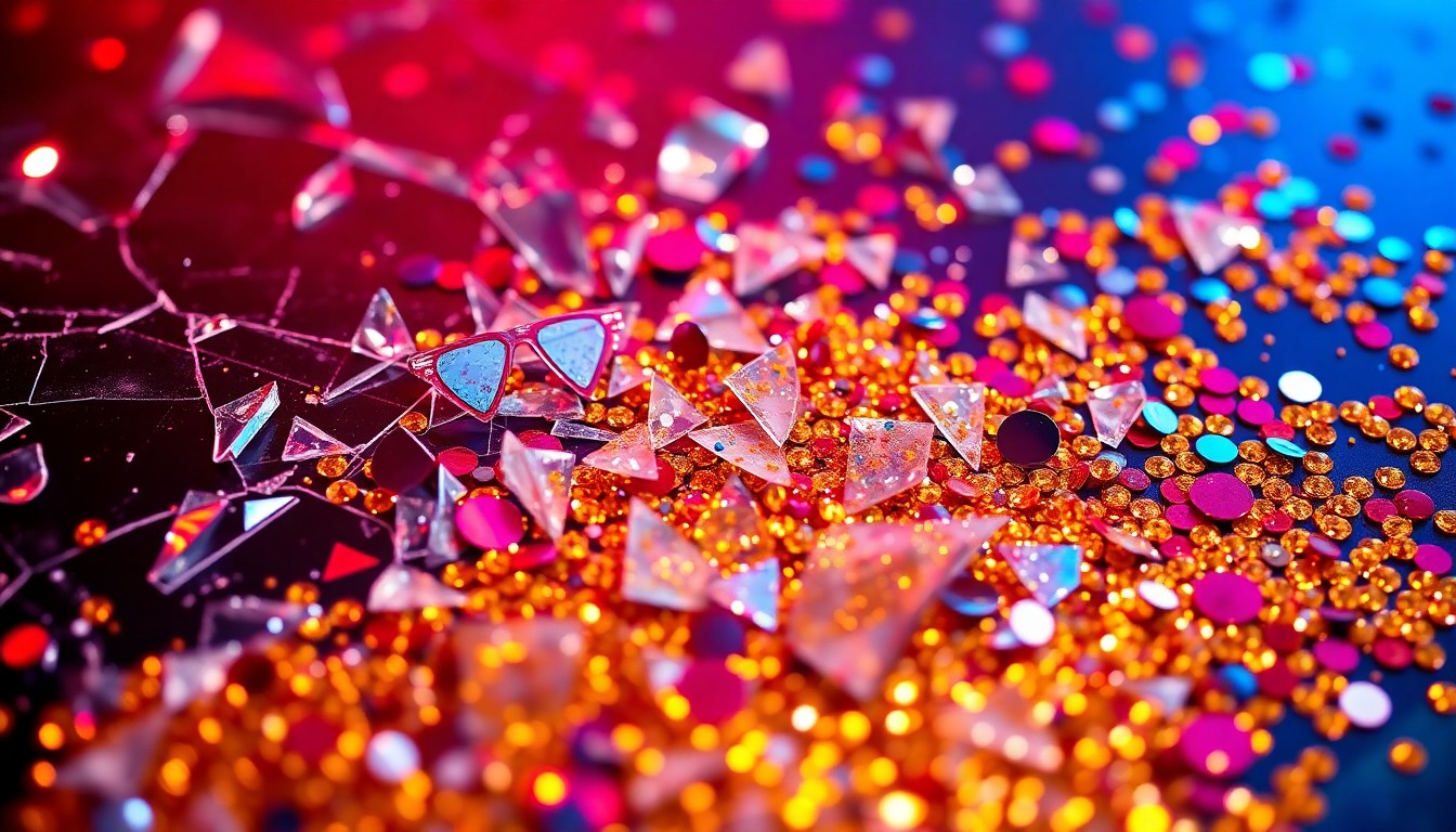 An extreme close-up photograph of shattered glass and glittering sequins in vibrant red, blue, and gold hues, creating an abstract, high-contrast composition that evokes the excitement and glamour of the trading card game genre