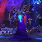 A raid boss in World of Warcraft: Midnight - an imposing void creature decked in armour, surrounded by a fleet of voidwalkers in front of a yawning dark portal.