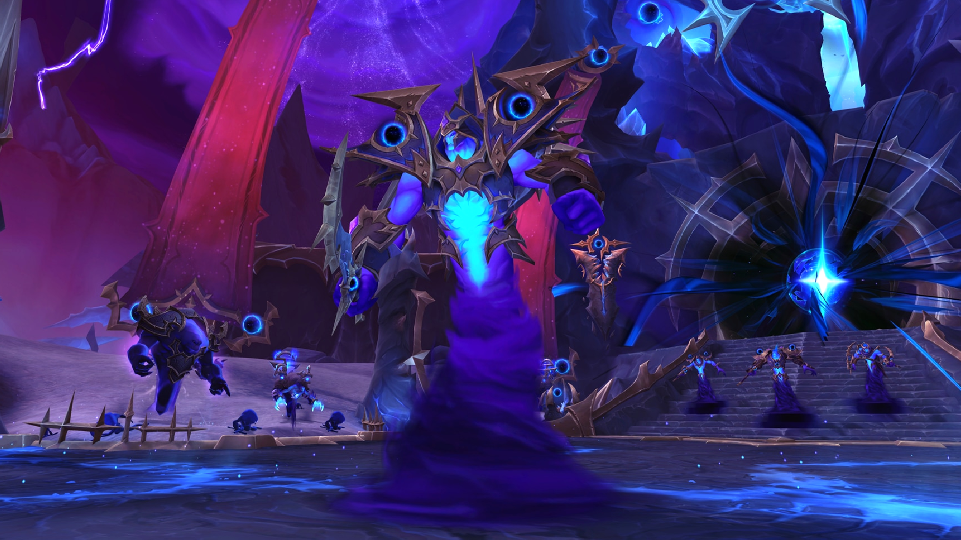 A raid boss in World of Warcraft: Midnight - an imposing void creature decked in armour, surrounded by a fleet of voidwalkers in front of a yawning dark portal.