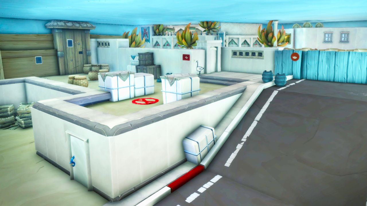 A screenshot of the Counter-Strike Dust 2 map made with World of Warcraft's player housing tools. A road leads upward toward a blue fence. A building with a red mark and crates on top is also in view.