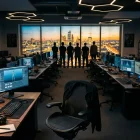GTA 6: Os desenvolvedores da Rockstar anunciam uma união, uma virada histórica. Empty game development office with developer silhouettes standing together in solidarity at sunset