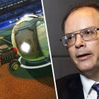 Unreal Engine 6: Epic revela seu primeiro jogo ousado, longe de Fortnite. Side by side of Rocket League gameplay and Tim Sweeney, Epic CEO, wearing a suit and tie.