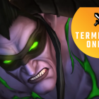 Illidan, a blindfolded demon hunter, snarls with the Terminally Online logo superimposed over his face.
